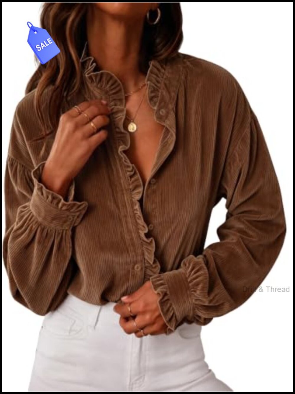 Corduroy Ruffle Button Down Blouse Long Sleeve Collared Shirt